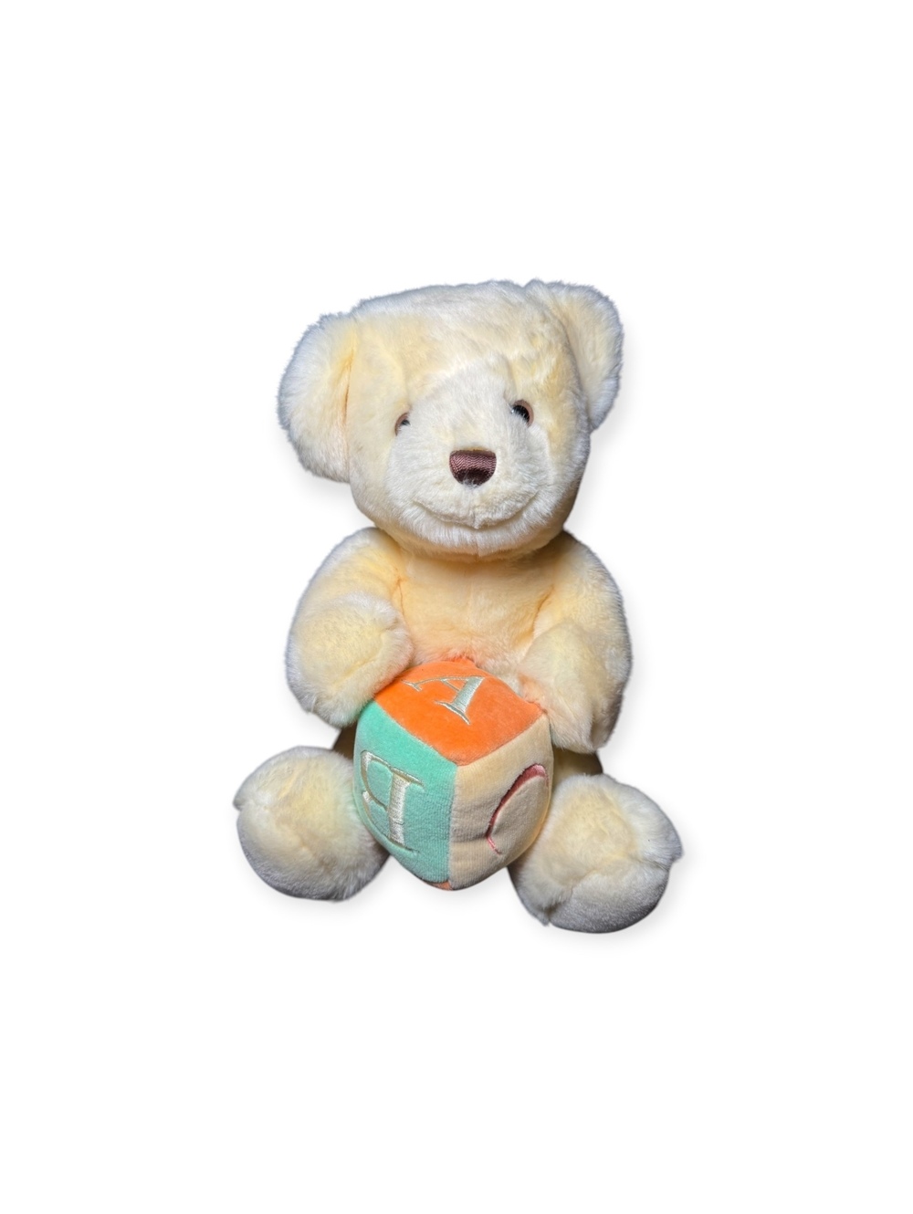Just Friends Aurora Yellow Teddy Bear Plush ABC Block Baby Toy 1999 Vintage 10”